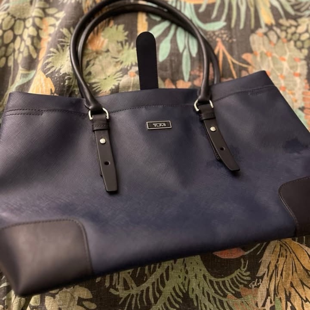 Tumi Navy Blue and Black Leather Tote Bag